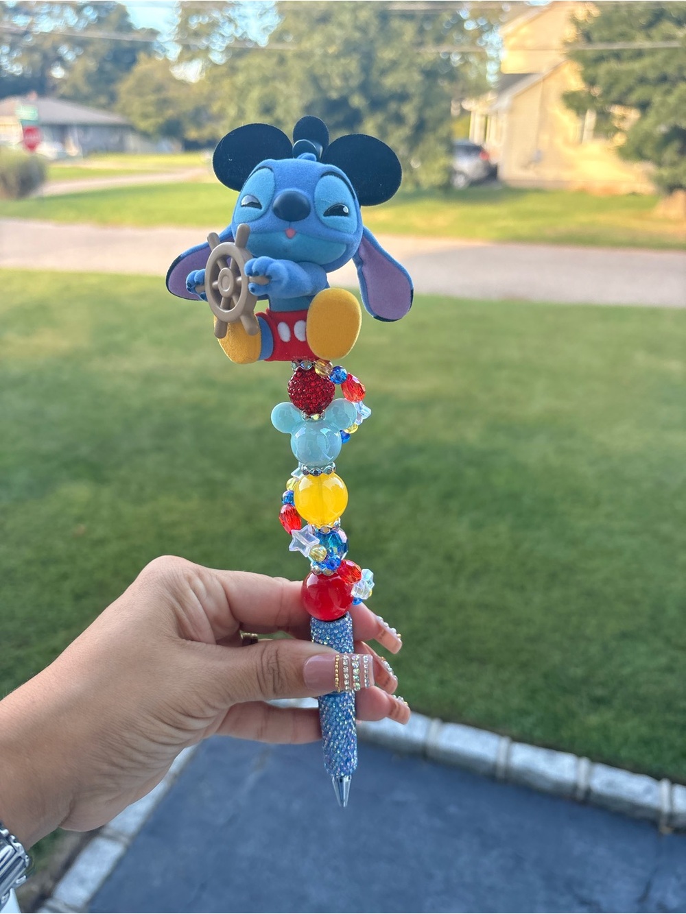 Blue Cartoon Beaded Plush-Top Pen with Colorful Bead Accents